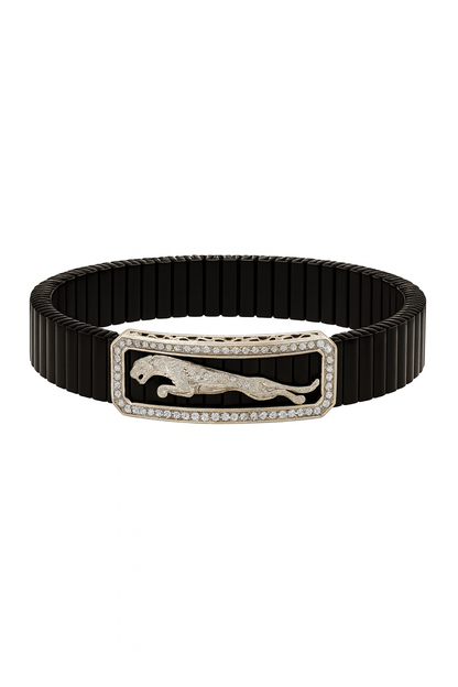 Premium Jaguar Logo Men’s Bracelet Black Ceramic Stretch Band with Silver CZ Plate