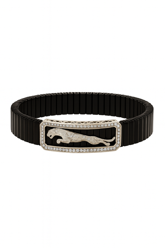 Premium Jaguar Logo Men’s Bracelet Black Ceramic Stretch Band with Silver CZ Plate