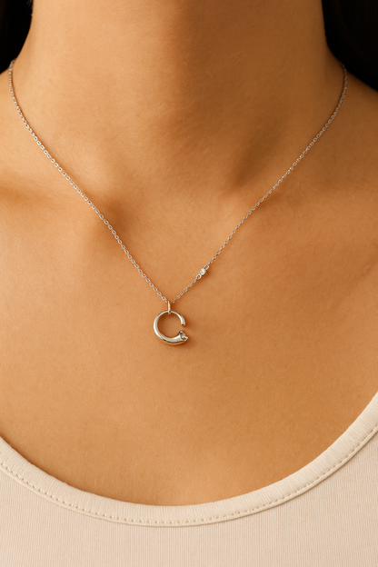 Minimal C-Shape Pendant Necklace White Gold Finish with Single CZ Stone
