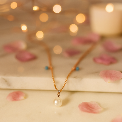 Rose Gold Pearl Pendant Necklace with Blue Beads for Women