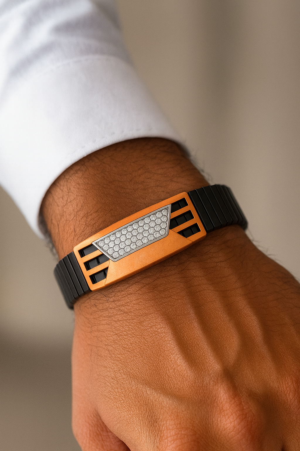 Premium Men’s Bracelet Black Ceramic Stretch Band with Silver CZ Designer Plate