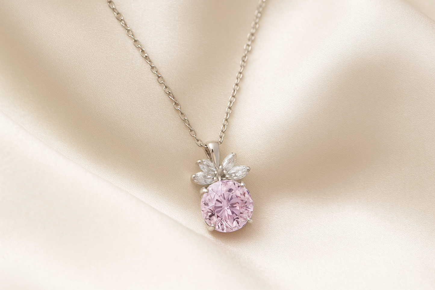 Pink Floral CZ Pendant Necklace in White Gold Finish