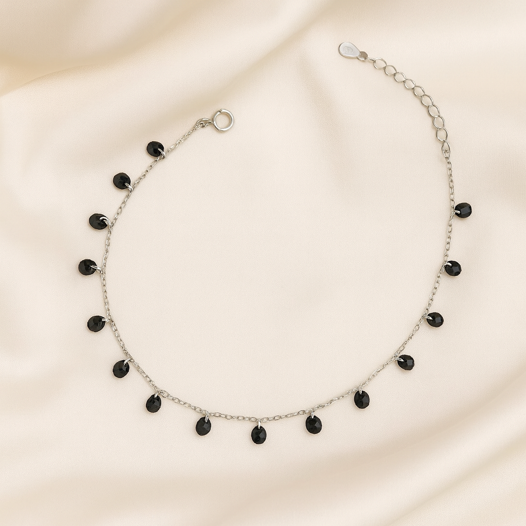 Elegant Silver Black Drop Charm Anklet for Women & Girls | Minimal Daily Wear Adjustable Chain Anklet