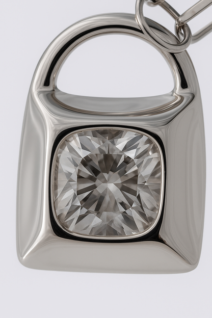 Minimal Lock Pendant Necklace with CZ Stone in White Gold Finish