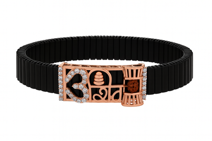 Shiva Trishul Damru Rudraksha Men’s Bracelet Rose-Gold Ceramic Stretch Band with CZ Devotional Detailing