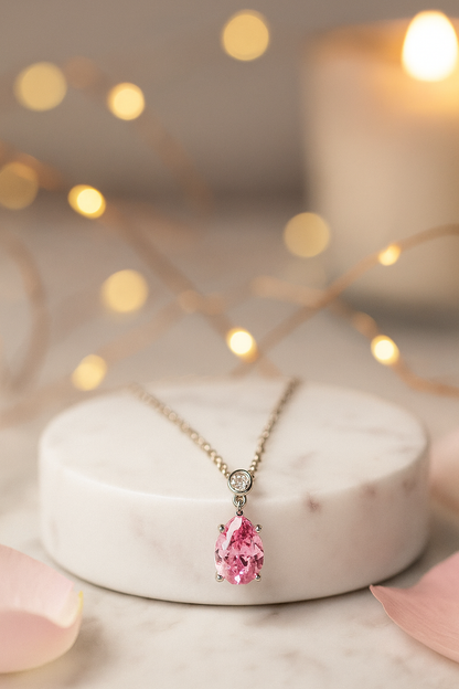 Pink Teardrop Pendant Necklace White Gold Finish with CZ Accents