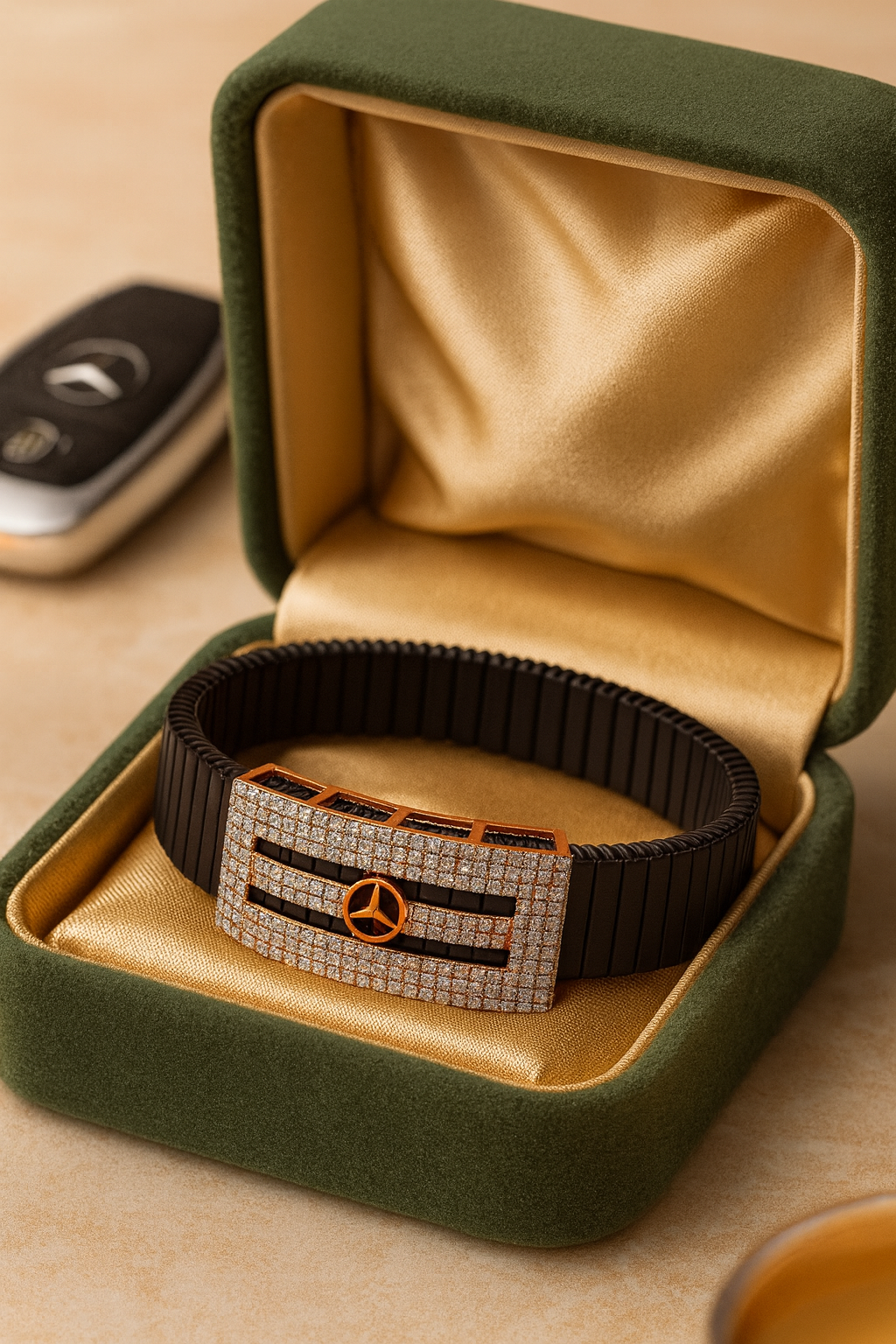 Premium Mercedes Logo Men’s Bracelet Full CZ Rose Gold Plate with Black Ceramic Stretch Band