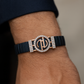 Premium Designer Logo Men’s Bracelet Blue Ceramic Stretch Band with Rose Gold CZ Round Emblem