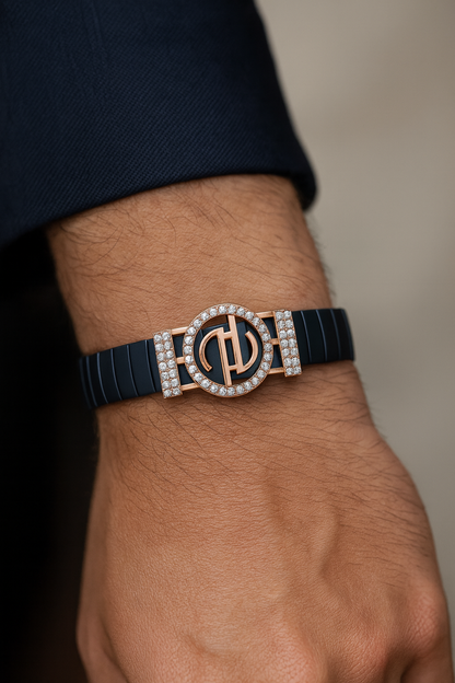 Premium Designer Logo Men’s Bracelet Blue Ceramic Stretch Band with Rose Gold CZ Round Emblem