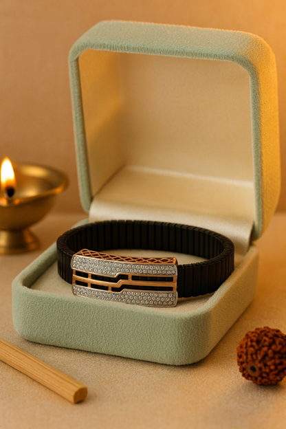 Premium Geometric Men’s Bracelet Black Ceramic Stretch Band with Rose Gold CZ Plate