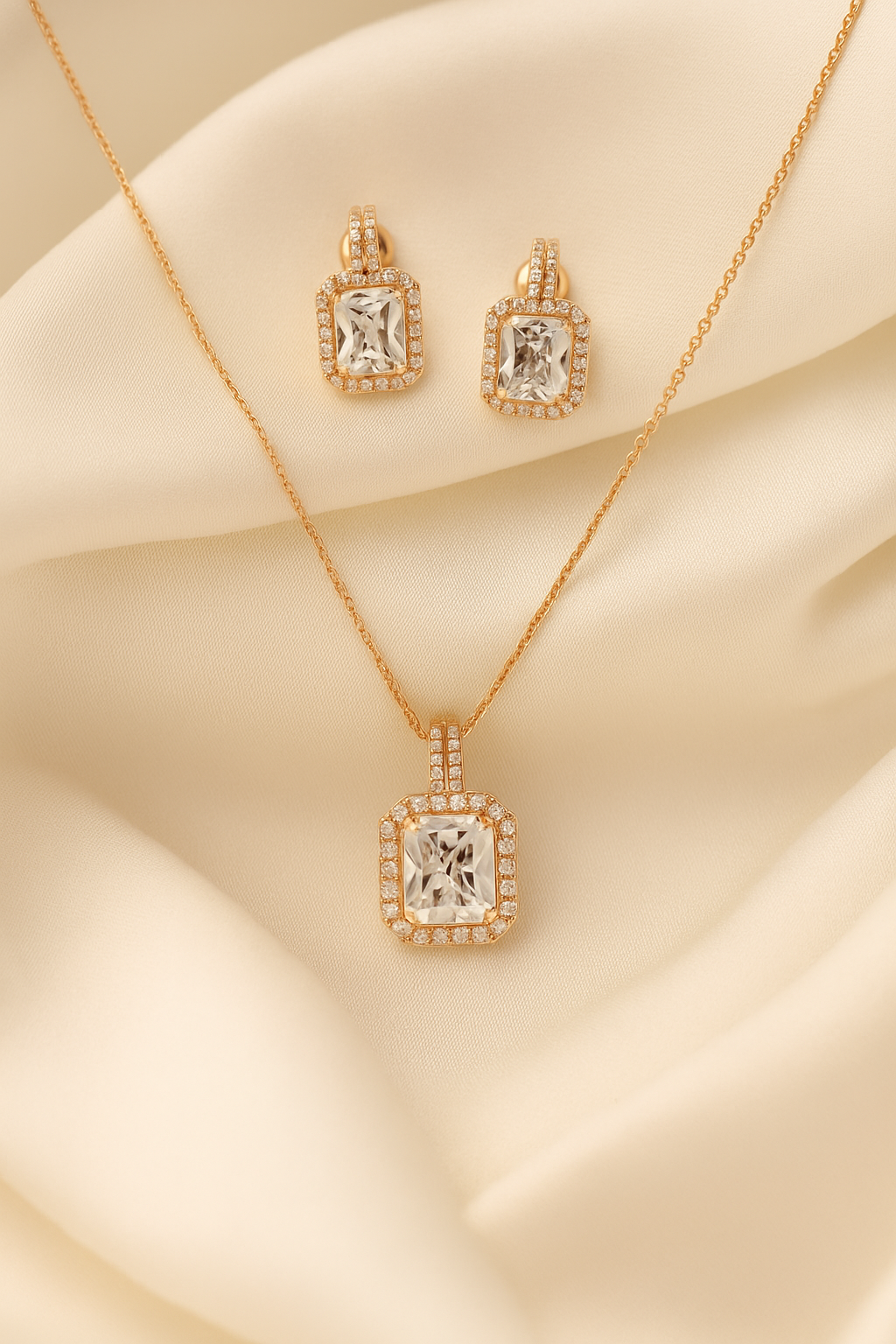 Rose-Gold Emerald Cut Pendant & Earrings Set for Women