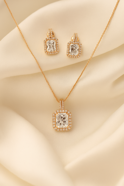Rose-Gold Emerald Cut Pendant & Earrings Set for Women