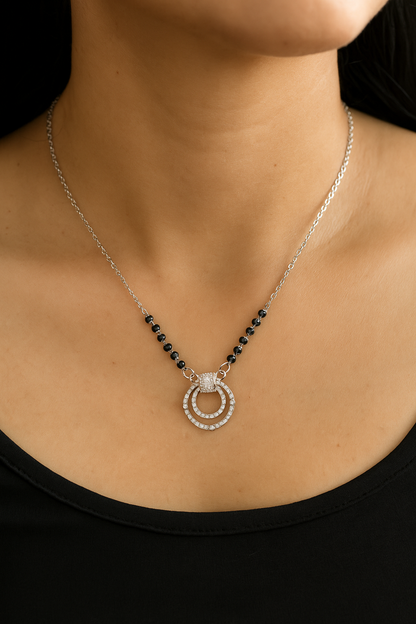 Silver Tone CZ Circle Pendant Necklace with Black Beads for Women