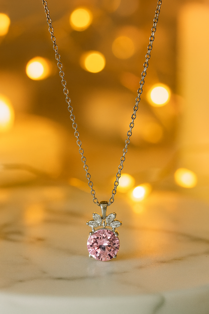 Pink Floral CZ Pendant Necklace in White Gold Finish