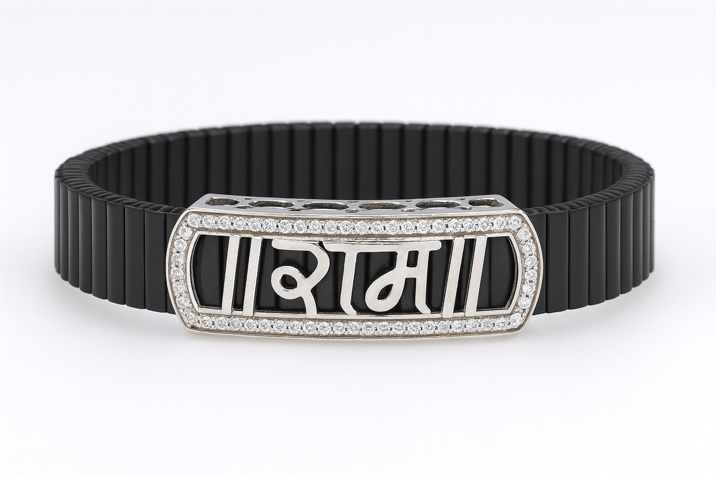 Premium Ram Name Men’s Bracelet Blue Ceramic Stretch Band with Rose Gold CZ Frame