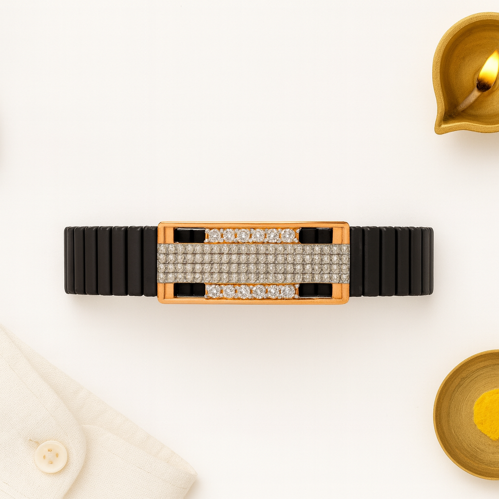Premium Black Ceramic Men’s Bracelet with Rose Gold CZ Plate | Luxury Daily Wear Stretch Bracelet