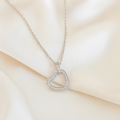 Elegant Open Heart Pendant Necklace with CZ Stones in White Gold Finish