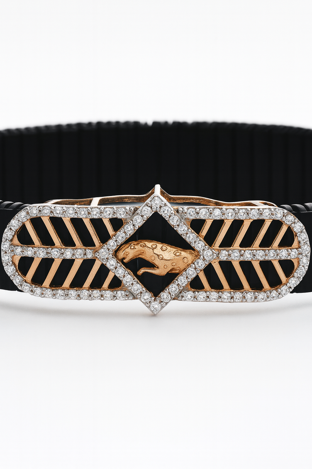 Jaguar Logo Men’s Bracelet Black Ceramic Stretch Band with Rose Gold CZ Designer Plate