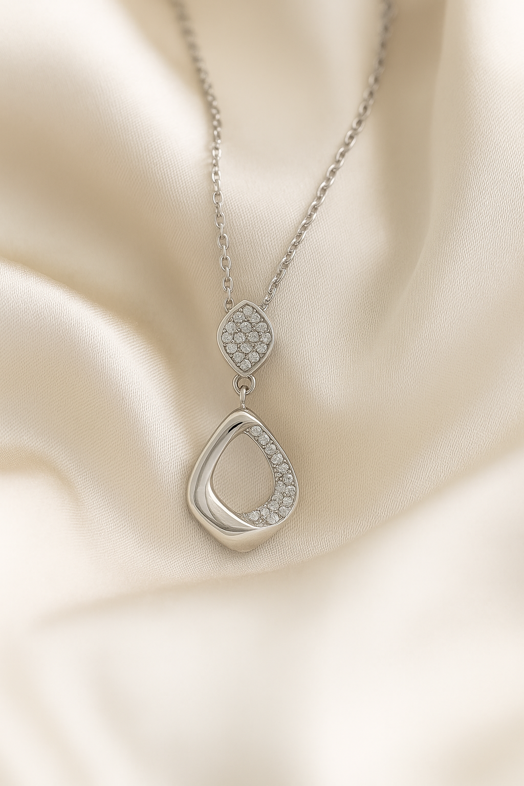 Modern Drop Pendant Necklace White Gold Finish with CZ Cluster Design