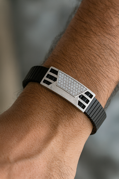 Premium Men’s Bracelet Black Ceramic Stretch Band with Silver CZ Designer Plate