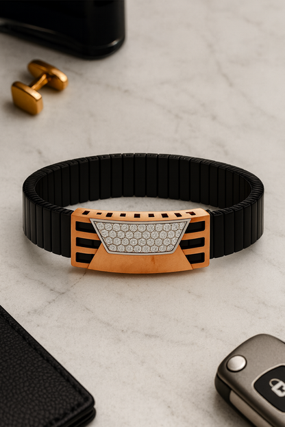 Premium Men’s Bracelet Black Ceramic Stretch Band with Silver CZ Designer Plate