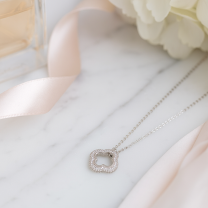 Silver Clover Shape Diamond-Studded Pendant Necklace for Women