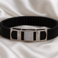 Premium Silver Designer Men’s Bracelet Black Ceramic Stretch Band with CZ Studded Centerpiece