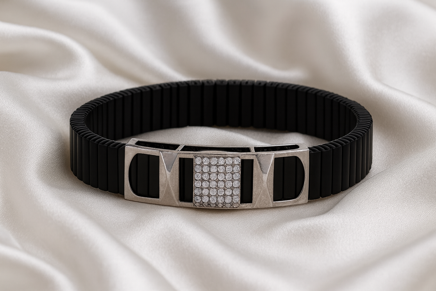 Premium Silver Designer Men’s Bracelet Black Ceramic Stretch Band with CZ Studded Centerpiece