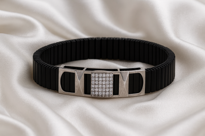 Premium Silver Designer Men’s Bracelet Black Ceramic Stretch Band with CZ Studded Centerpiece