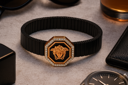 Premium Octagon Medusa Men’s Bracelet Black Ceramic Stretch Band with Rose Gold CZ Frame