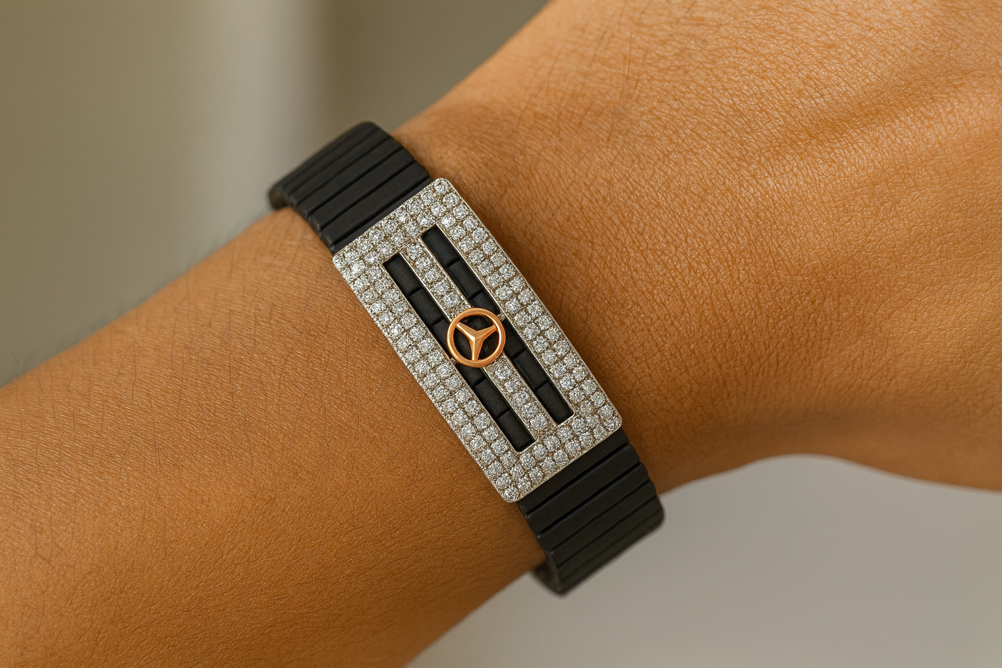 Premium Mercedes Logo Men’s Bracelet Full CZ Rose Gold Plate with Black Ceramic Stretch Band