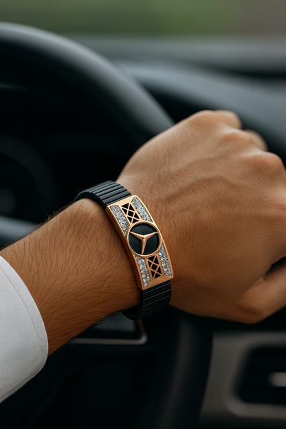 Mercedes Logo Men’s Bracelet Black Ceramic Stretch Band with Rose Gold CZ Designer Plate