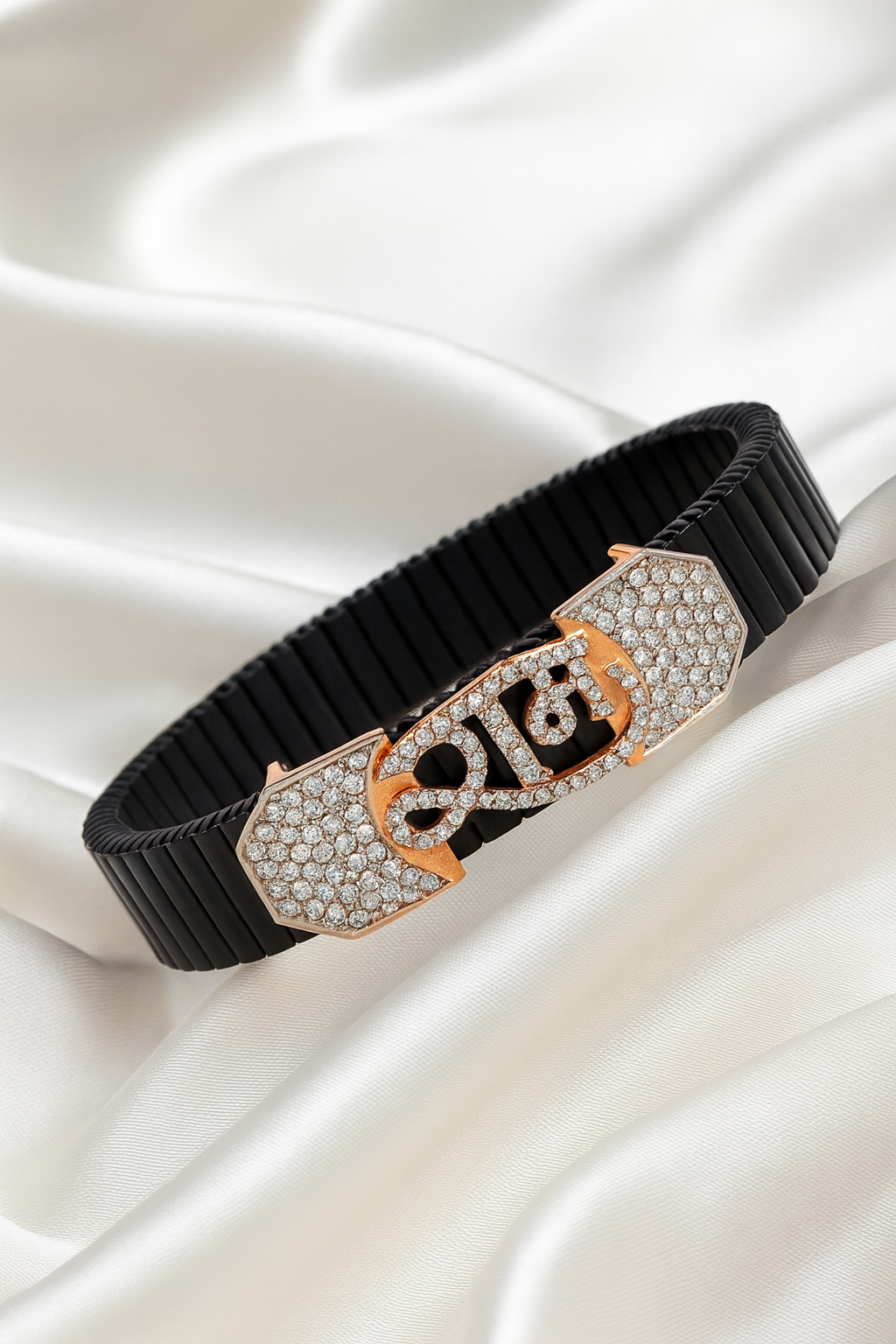 Premium Shubh Men’s Bracelet Black Ceramic Stretch Band with Rose Gold CZ Plate