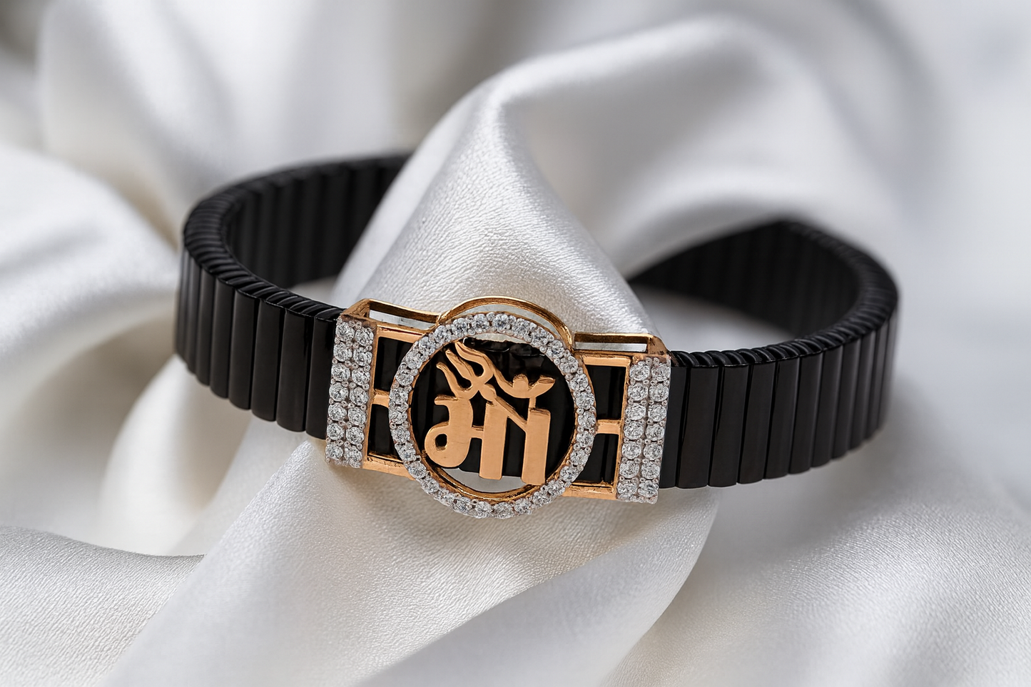 Premium Maa Logo Men’s Bracelet Black Ceramic Stretch Band with Rose Gold CZ Plate