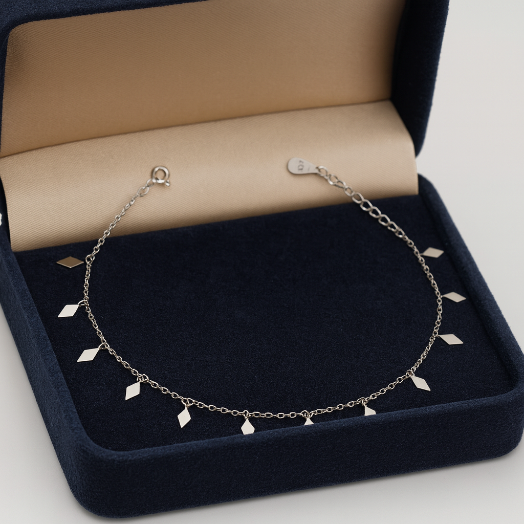 Elegant Silver Diamond Shape Charm Anklet for Women & Girls | Minimal Daily Wear Adjustable Chain Anklet