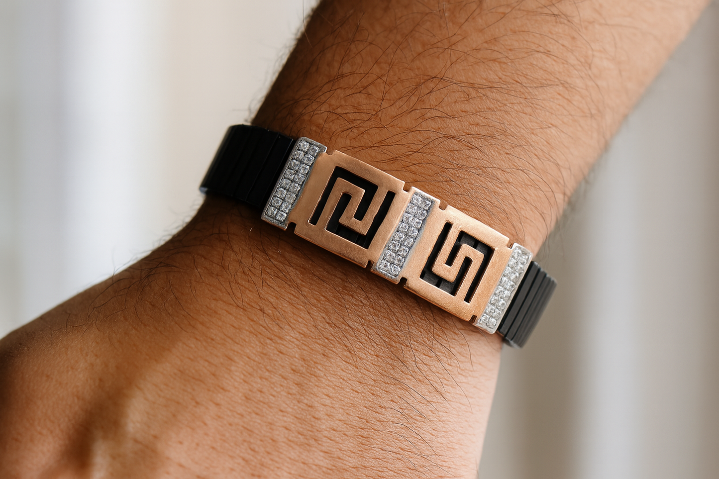 Premium Greek Pattern Men’s Bracelet Black Ceramic Stretch Band with Rose Gold CZ Accents