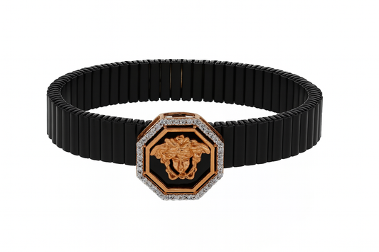 Premium Octagon Medusa Men’s Bracelet Black Ceramic Stretch Band with Rose Gold CZ Frame