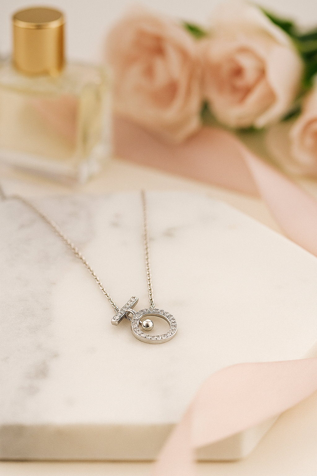 Premium Toggle Design Women’s Necklace White Gold Finish with CZ Circle Pendant