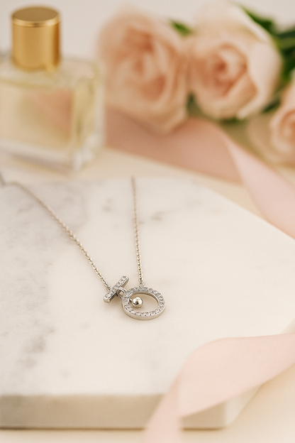 Premium Toggle Design Women’s Necklace White Gold Finish with CZ Circle Pendant