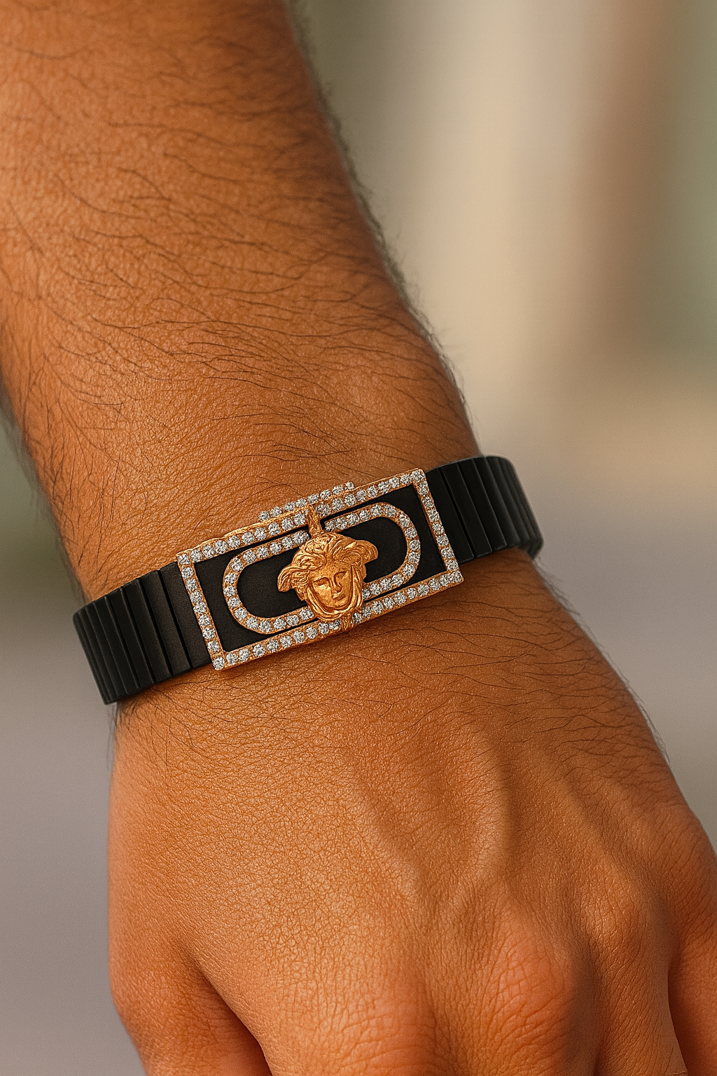 Premium Versace Style Men’s Bracelet Black Ceramic Stretch Band with Rose Gold CZ Plate