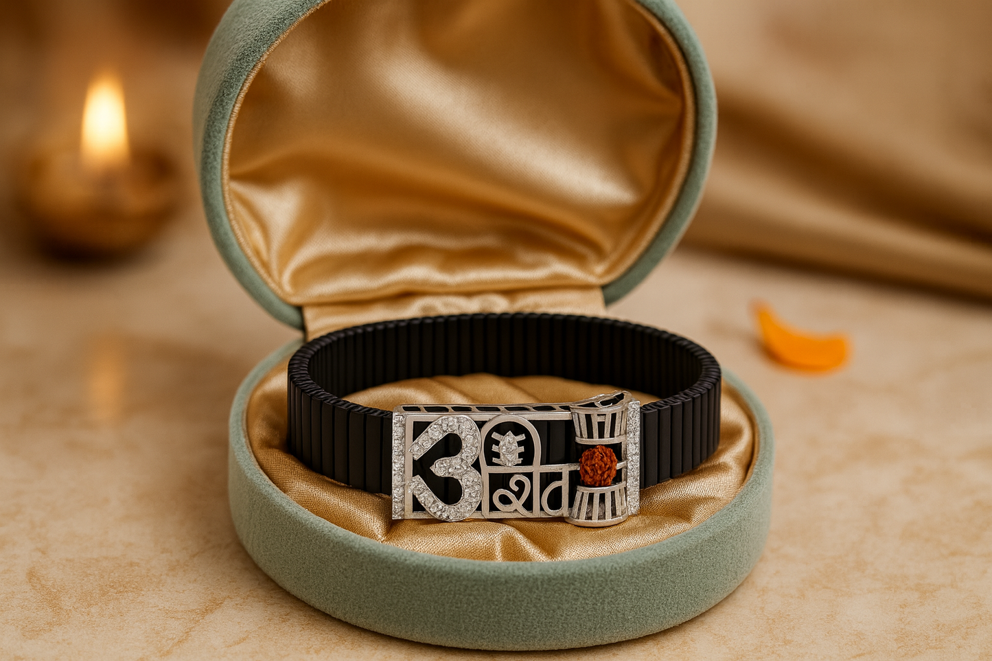 Shiva Trishul Damru Rudraksha Men’s Bracelet Rose-Gold Ceramic Stretch Band with CZ Devotional Detailing