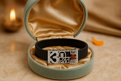 Shiva Trishul Damru Rudraksha Men’s Bracelet Rose-Gold Ceramic Stretch Band with CZ Devotional Detailing