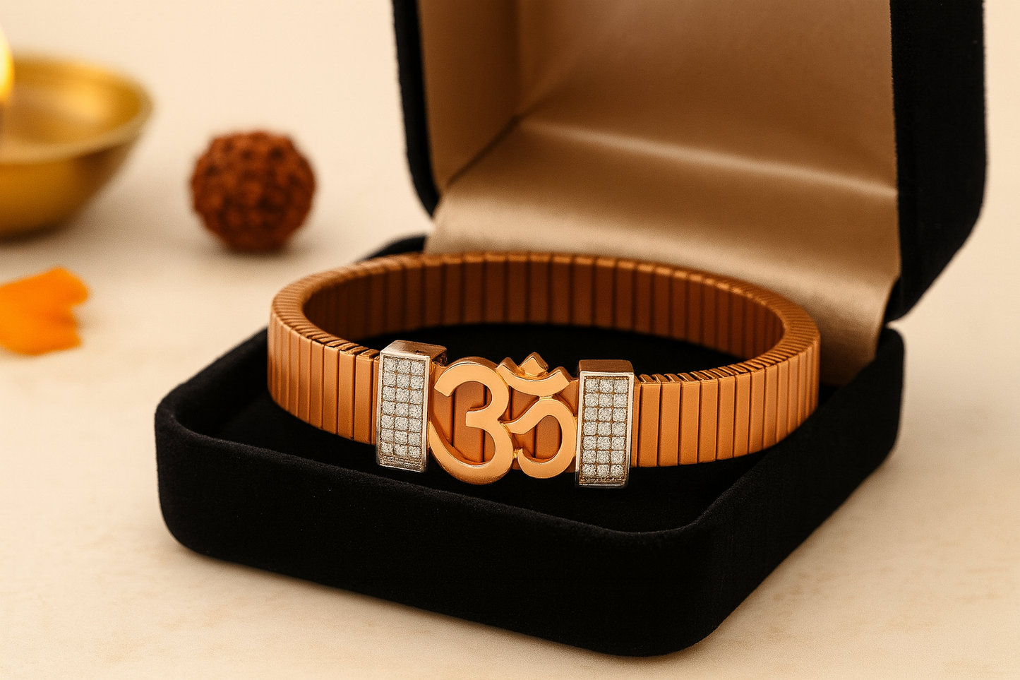 Premium Om Designer Men’s Bracelet Rose-Gold Ceramic Stretch Band with CZ Studded Side Detailing