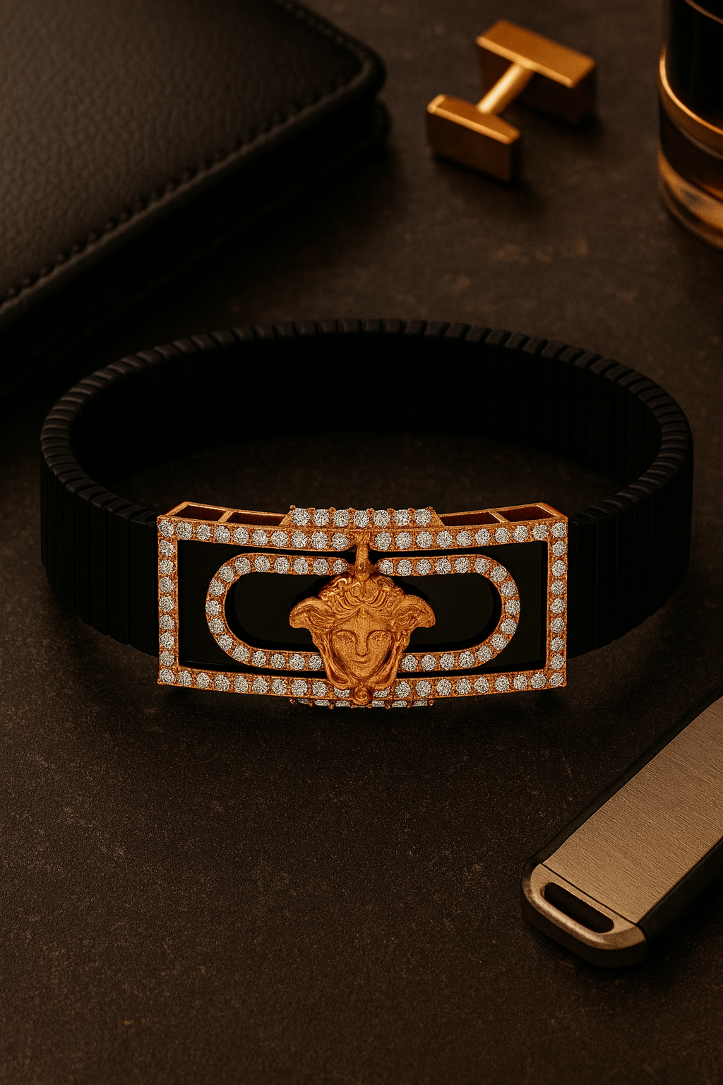 Premium Versace Style Men’s Bracelet Black Ceramic Stretch Band with Rose Gold CZ Plate