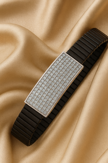 Premium Men’s Silver CZ Plate Bracelet Black Ceramic Stretch Band Luxury Designer Style