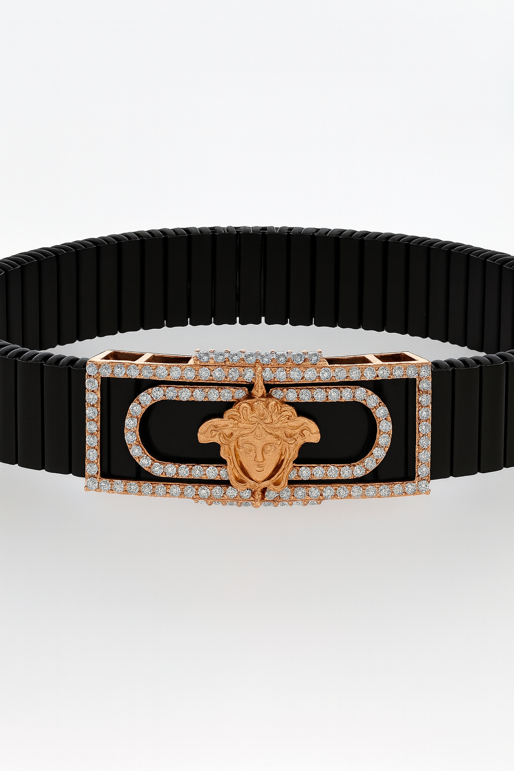 Premium Versace Style Men’s Bracelet Black Ceramic Stretch Band with Rose Gold CZ Plate