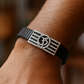 Om Religious Men’s Bracelet Black Ceramic Stretch Band with Silver CZ Devotional Plate