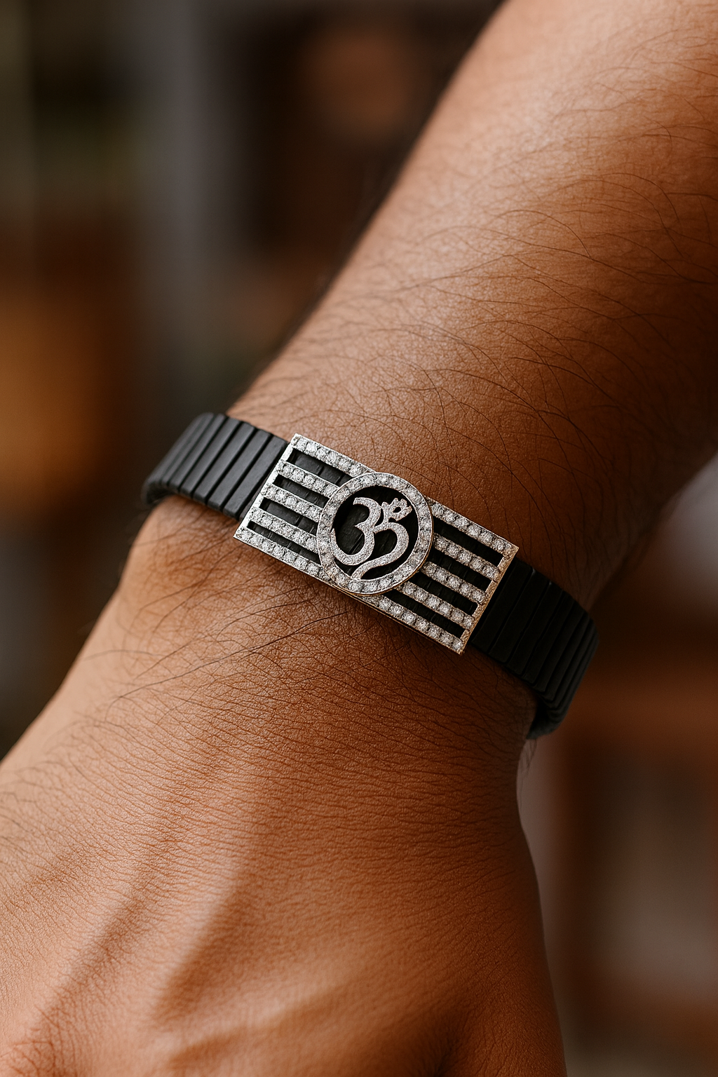 Om Religious Men’s Bracelet Black Ceramic Stretch Band with Silver CZ Devotional Plate