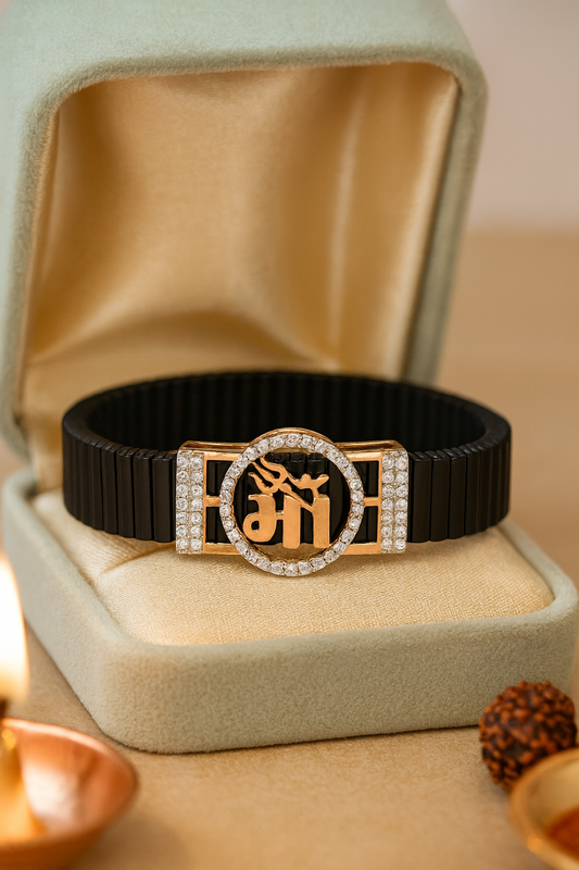 Premium Maa Logo Men’s Bracelet Black Ceramic Stretch Band with Rose Gold CZ Plate