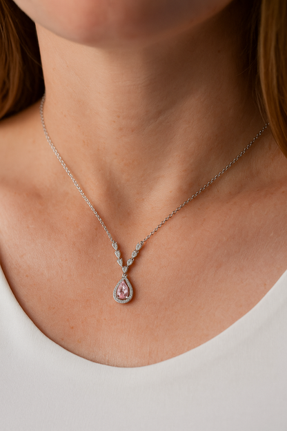 Pink Teardrop Pendant Necklace White Gold Finish with Halo CZ Stones